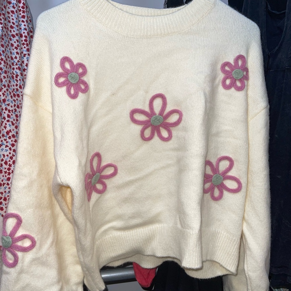 Listicle Cream Sweater with Pink Floral Design